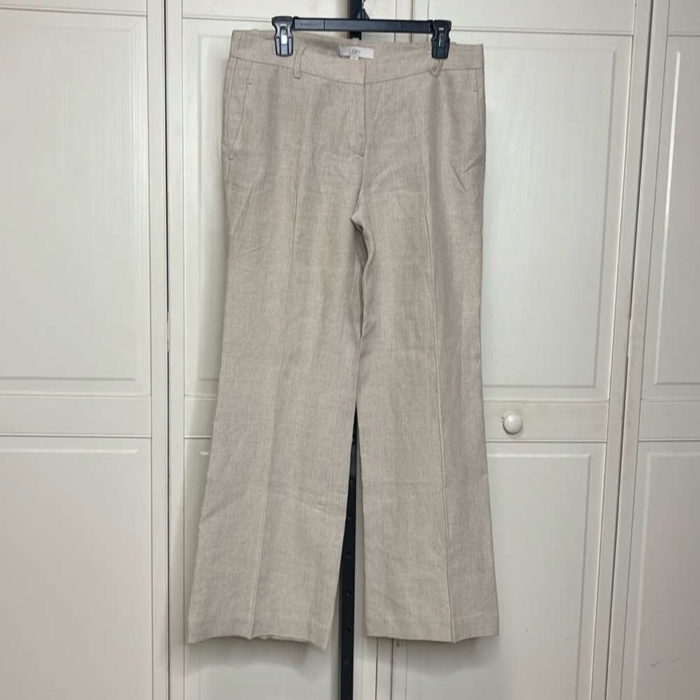 Loft Women’s 100% Linen Oatmeal Beige Flat Front Trousers Size 8 Wide Leg